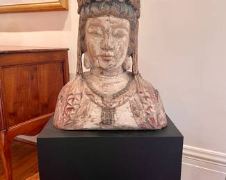 $3800 - antique Chinoiserie wood-carved monumental statue on custom black metal base - 26 x 14 x 50