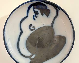 $1800-  ceramic art work by Ken Ferguson; circa 1981; blue nude image on glazed porcelain with cobalt blue underglaze; signed with “F” chop mark, to best of our knowledge original  - 18.25d