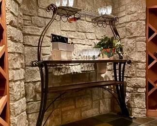 $2200; 68 x 24 x 69; iron wine bar with copper table top and shelf; including built-in wine cooler, wine bottle storage and glass storage                                                                                   $36; 7"h; set of 9 crystal wine goblets.                                                       $48; 5.5"h; set of 12 crystal wine glasses.                                                 $24; 5"h; set of 6 crystal champagne glasses.                                    all three sets matching pattern