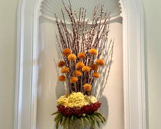 $150 each (2 available); 14 x 48; botanical arrangement in resin (faux concrete) urn with pussy willows and dried florals