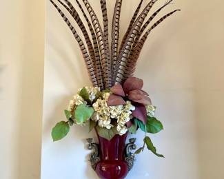 $250 each (2 available); 14 x 44; pheasant feather and hydrangea wall arrangement in wall urn hanger 