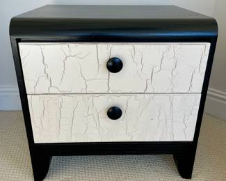 SOLD; 24 x 20 x 24; modern black 2-drawer side table with cream craquelure accents (matching dresser available)