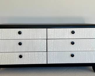SOLD; 66 x 20 x 32; modern black 6-drawer dresser with cream craquelure accents (matching night stand available)