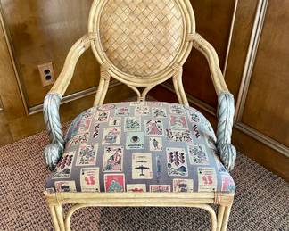 $150 each (4 available); 24 x 24 x 38; custom upholstered gaming chair with woven leather back; closet up view of chair