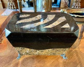 $300; 14 x 10 x 8; Marquis Collection one-of-a-kind, unique box made of natural stone and fossils, metal claw feet and velvet lined