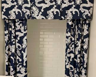 $350; 72"w x 22"h valance; 47"w x 92"h each panel; custom shower curtain and valance with dragon pattern