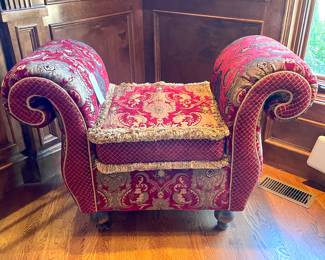 SOLD; 44 x 19 x 31; custom-upholstered setee with red, gold and gray brocade and fringed trim