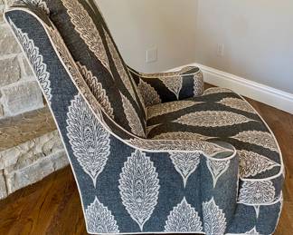 SOLD each (2 available); 36 x 32 x 43; John Richard charcoal gray leaf motif upholstered chair; side view