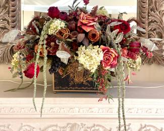 SOLD; 38 x 24 x 24; custom-made rose floral arrangement in black and gold metal planter