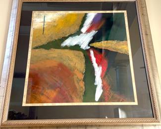 $500; 35 x 35; original, abstract painting in double mat and gold and black frame