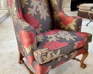 $400 each (2 available); 33 x 33 x 36; custom-upholstered, wing back chair with chocolate silk botanical fabric and talon feet