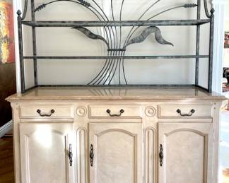 $650; 21 x 22 x 88 (only 40"h if metal hutch removed); buffet with drawers and doors and iron baker's rack with wheat motif (baker's rack is removable)