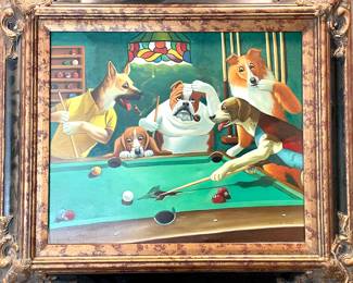 $250; 35 x 31; original, signed painting of pool-playing dogs with certificate of authenticy