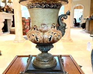 SOLD; 16"h; designer-exclusive urn with hand painting and brass base and handles