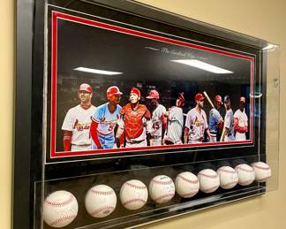 SOLD; 37 x 24 (4" deep); Cardinal Greats! 9 signed baseballs and a photo in acrylic frame