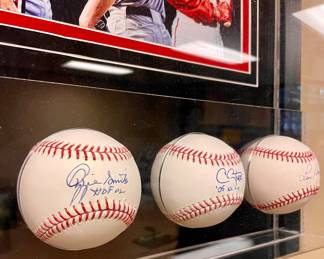 SOLD; 37 x 24 (4" deep); Cardinal Greats! 9 signed baseballs and a photo in acrylic frame; close up of a few of the balls and signatures