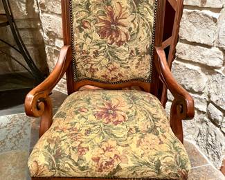 SOLD each 0 available); 26 x 24 x46; Henredon dining arm chair with floral brocade upholstery and nailhead trim