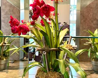 SOLD; 28"d x 44"h; red floral and bamboo arrangement