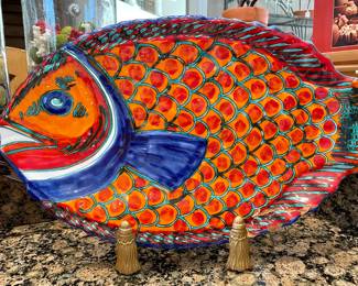 $12; 17 x 11; ceramic, handpainted fish platter (some chips); smaller matching one available for $6 (has crack).
