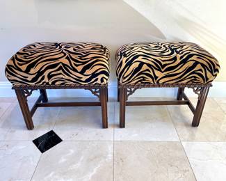 SOLD each (2 available); 27 x 17 x 20; custom upholstered, animal print bench