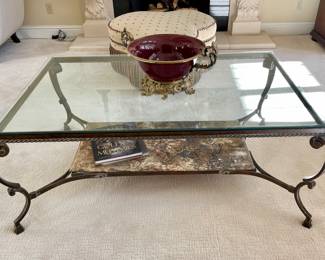 SOLD; 58 x 37 x 22; estate-sized, glass-top coffee table with metal, scrolled legs and natural stone lower shelf