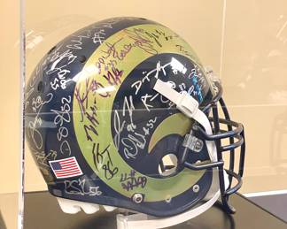 SOLD--13 x 17 x 15; signed St. Louis Rams helmet (2006 to the best of our knowledge) in acrylic display cube; other side of helmet