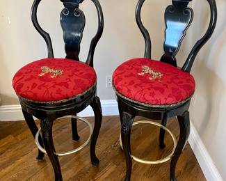 SOLD each (4 available); 18 x 18 x 44; black laquer bar stool with tiger upholstery and brass rung