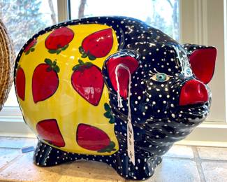 SOLD; 14 x 11; hand-painted, ceramic pig 