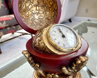 SOLD; 6"d x 10"h; gold-gild wooden clock box
