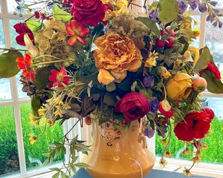 SOLD; 22 x 36; floral arrangement with roses and twigs in ceramic urn with lions heads
