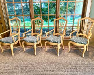 $150 each (4 available); 23 x 21 x 43; custom upholstered frog fabril arm chair with wheat shaft back spindles