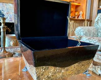 $300; 14 x 10 x 8; Marquis Collection one-of-a-kind, unique box made of natural stone and fossils, metal claw feet and velvet lined; inside view of box