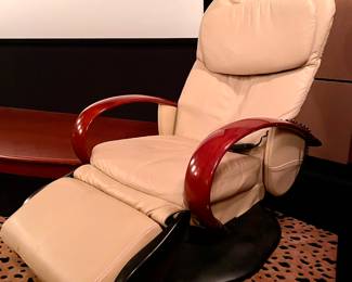 SOLD; 27 x 44 x 41; nuetral colored leather message chair recliner