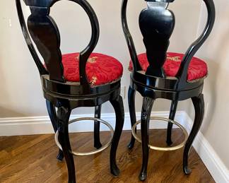 SOLD each (4 available); 18 x 18 x 44; black laquer bar stool with tiger upholstery and brass rung; view of back of chair