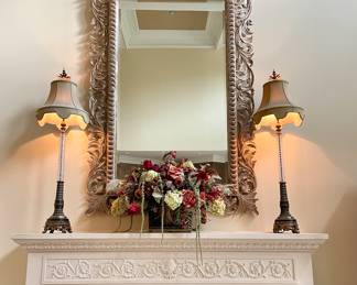 SOLD; 60" x 90"; estate-sized, carved, wooden mirror.        $400 each (2 available); 16"d x 54"h; LARGE mega lamp with silk shade, crystal and metal base.                                                                            SOLD; 38 x 24 x 24; custom-made rose floral arrangement in black and gold metal planter
