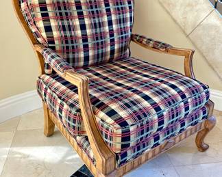 $400; chair-30 x 35 x 41; ottoman-32 x 25 x 17; custom-upholstered, oversized chair and ottoman with plaid fabric