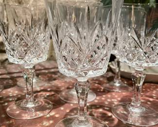 $36; 7"h; set of 9 crystal wine goblets.                                                       $48; 5.5"h; set of 12 crystal wine glasses.                                                 $24; 5"h; set of 6 crystal champagne glasses.                                    all three sets matching pattern