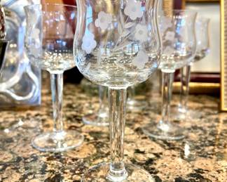 SOLD; set of 6 vintage, etched glasses (3 have very minor chips)