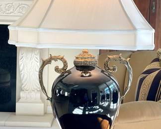 SOLD; 19 x 14 x 32; black, porcelain, urn-style table lamp with brass handles and feet