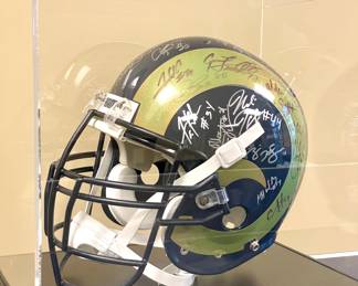 SOLD--13 x 17 x 15; signed St. Louis Rams helmet (2006 to the best of our knowledge) in acrylic display cube
