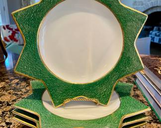 $48; 10"d; set of 4 green star Vietri plates, made in Italy