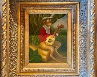 SOLD; 16.5 x 19; beautifully framed mandolin-playing monkey original painting