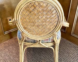 $150 each (4 available); 24 x 24 x 38; custom upholstered gaming chair with woven leather back; view of back of chair