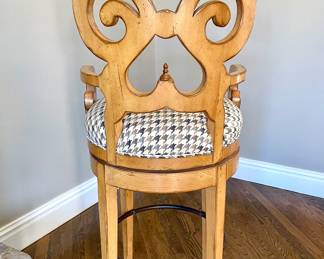 $300 each (4 available); 21 x 18 x 50; houndstooth plaid, rotating bar stools with scrolled back; view of chairs from back