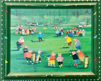 SOLD; 17 x 14; original fun painting of pigs golfing