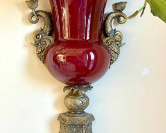 $250 each (2 available); 14 x 44; pheasant feather and hydrangea wall arrangement in wall urn hanger; closet up view of Chinoiserie wall urn