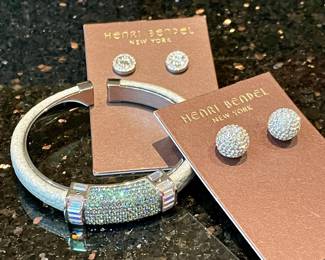 SOLD; vintage crystal Henri Bendel cuff bracelet.                                                                                                         SOLD; Henri Bendel posts.                                                                                     SOLD Henri Bendel sparkly ball earrings.
