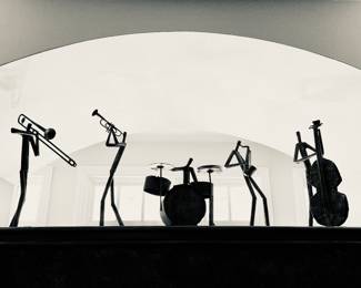 SOLD; tallest piece 16"h; 5-piece, metal sculpted art of jazz band