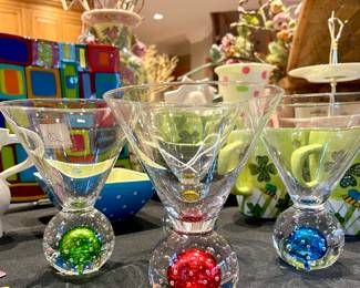 SOLD; set of 4 brand new, out-of-the-box martini glasses (fourth one is yellow)