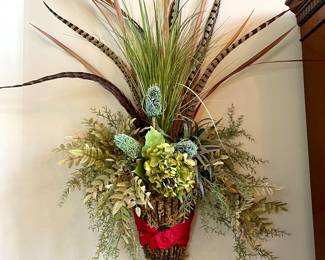 $150; 20 x 48; pheasant feathers and grass floral, wall arrangement